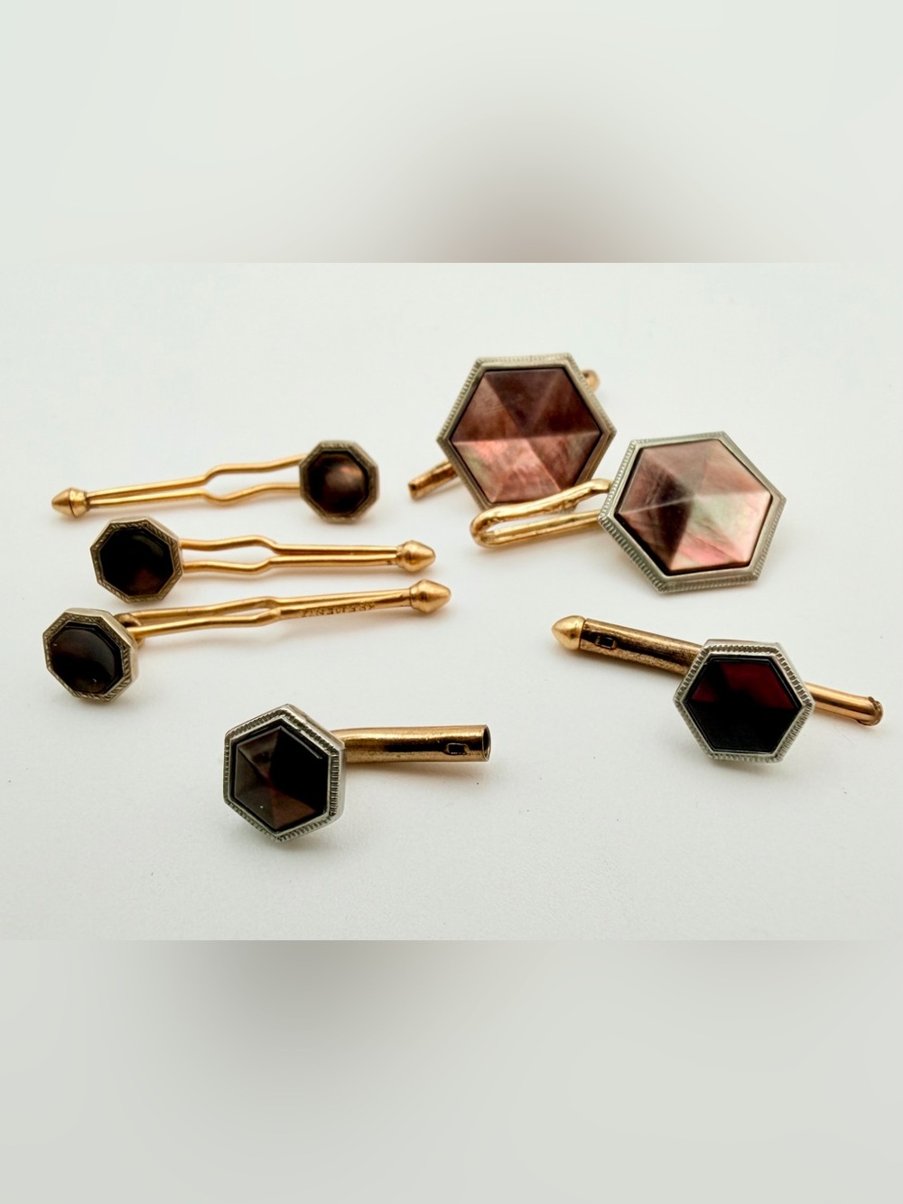 Vintage Krementz Art Deco Kum A Part Gold Filled Abalone Tuxedo Accessories